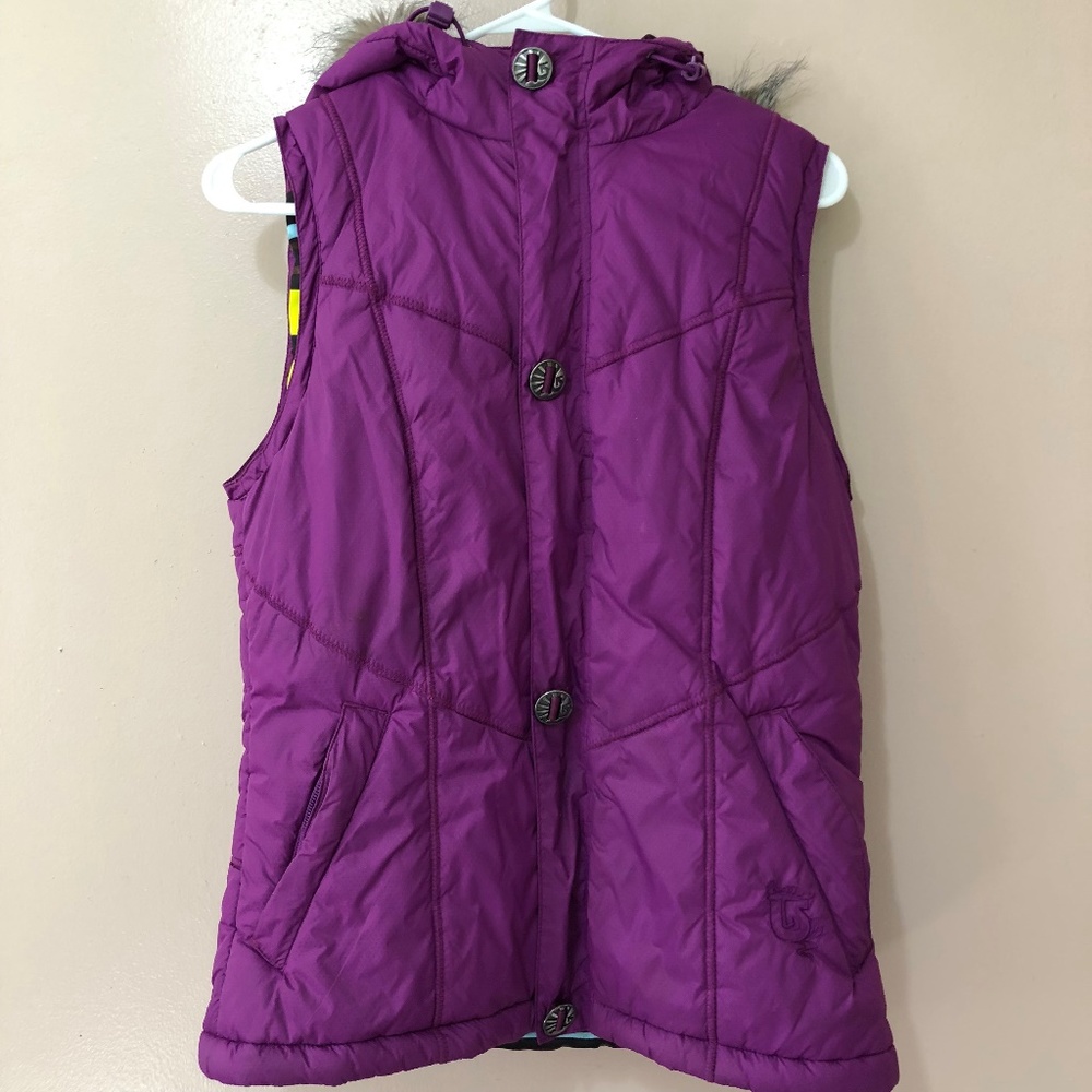 Burton Purple Puff Vest with Faux Fur Hoodie Trim
